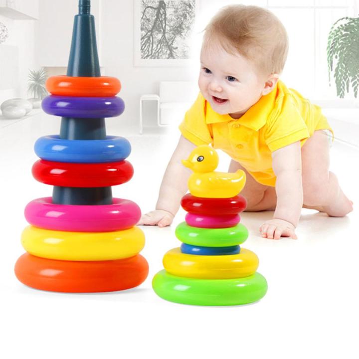 Rainbow Stacking Rings Tower Toy With Yellow Duck Big Size For Kids