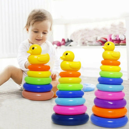 Rainbow Stacking Rings Tower Toy With Yellow Duck Big Size For Kids