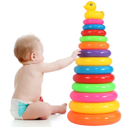 Rainbow Stacking Rings Tower Toy With Yellow Duck Big Size For Kids